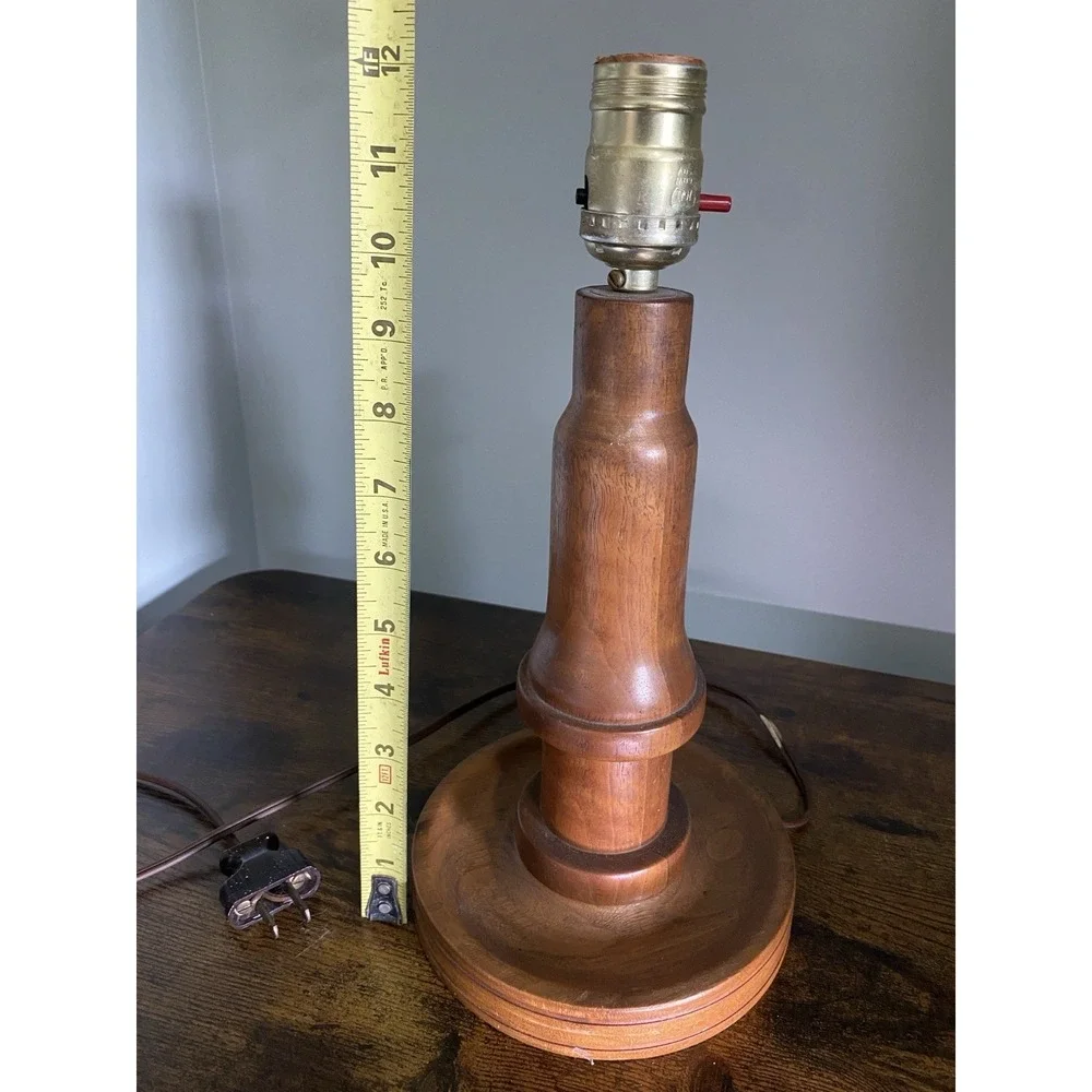Vintage Hand Turned Wood Table Lamp Base Mid Century Brown Wooden Bedside Light